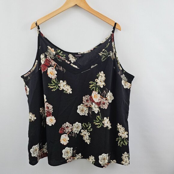 Amaryllis Tank Top 3X Dark Floral Sleeveless Black Cream Red Mesh Lightweight - Picture 8 of 8
